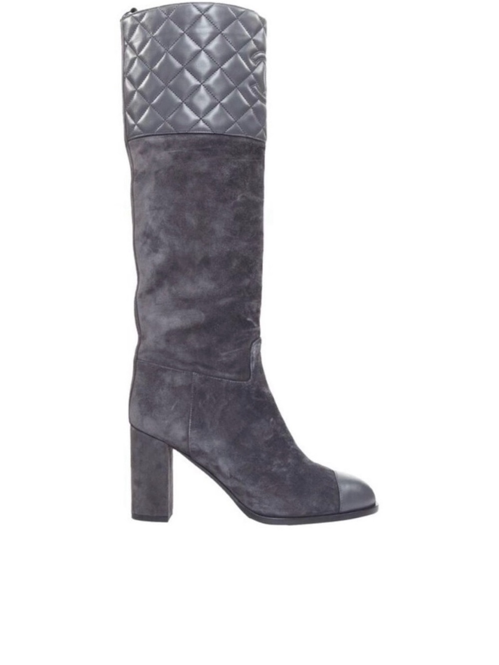 CHANEL Quilted-Cuff Suede Tall Boots in Gray with Cap Toe